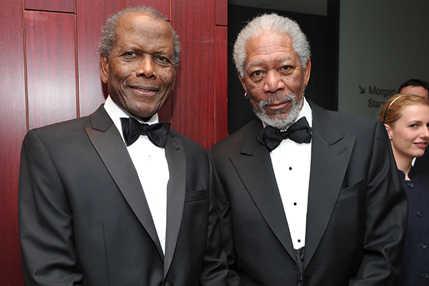 Sidney Poitier & Morgan Freeman,-May 2 2011, by Mike Coppola